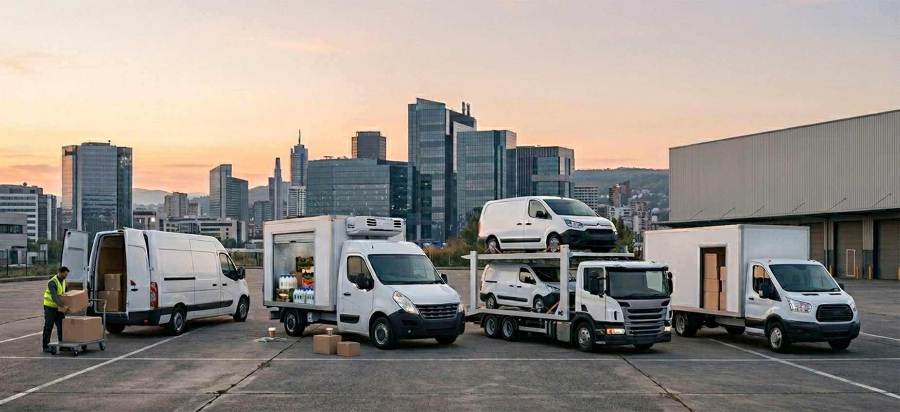 Flotta di furgoni e autocarri in contesto operativo